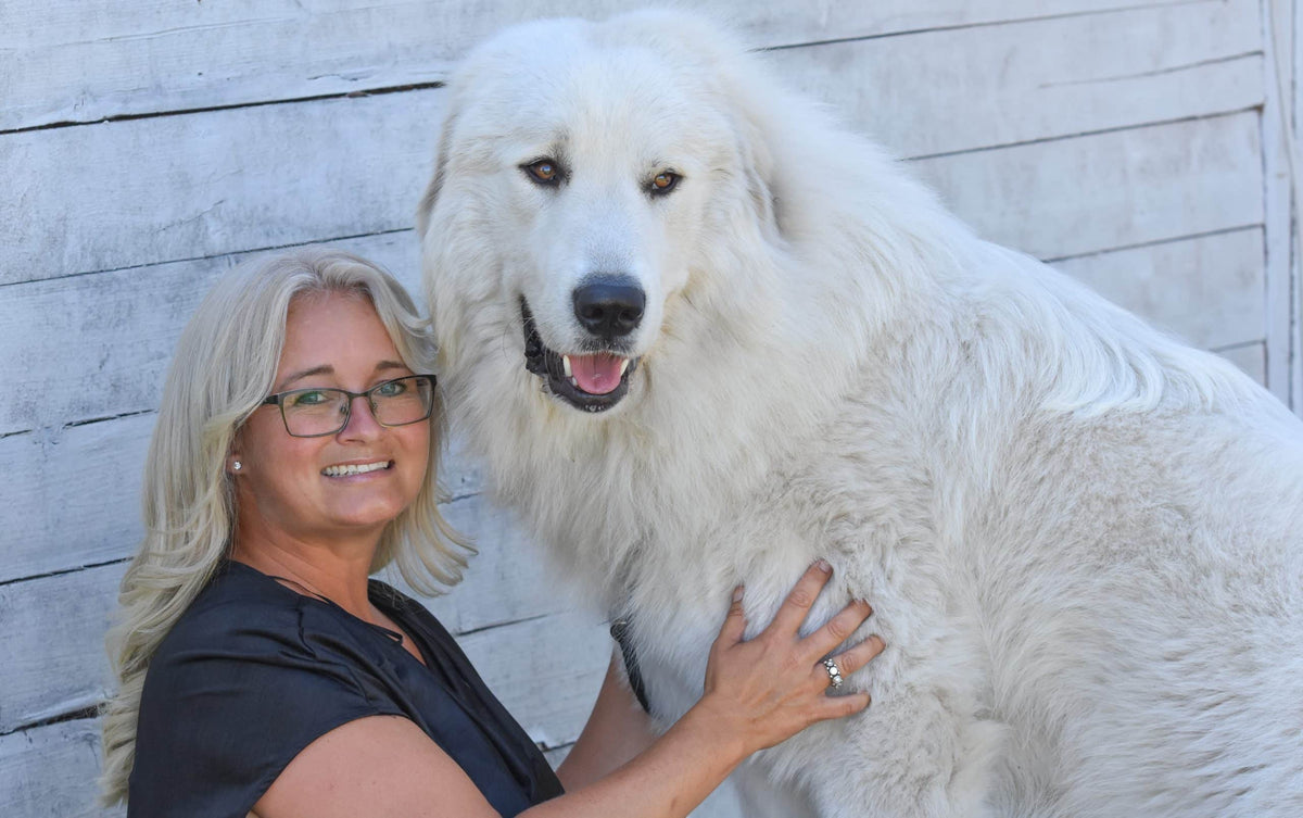 Jessica Svensson suuren valkoisen koiran kanssa